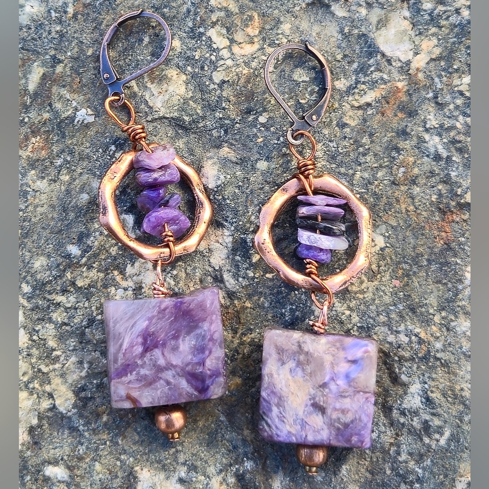 Handcrafted Rustic Russian Purple Charoite In Copper Artisan Drop Earrings - Picture 2 of 9